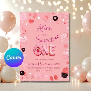May include: A pink invitation card with the text "Alice is a Sweet ONE" surrounded by illustrations of sweets. The card includes the date, time, and location for the event. Balloons in shades of pink and white are in the background.