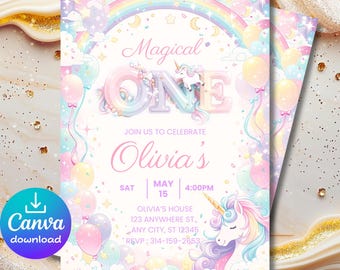 1st Birthday Invitation for Girls 5x7, Editable Canva Magical One Unicorn Invite, Instant Download