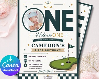 Plantilla de invitación de primer cumpleaños "Hoyo en uno" 5x7, invitación fotográfica editable de golf en Canva, descarga instantánea.