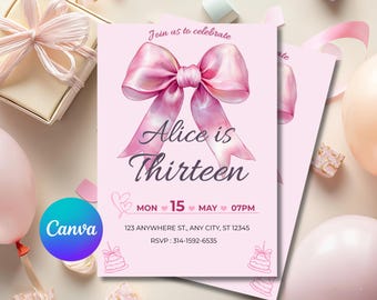 Invitación de cumpleaños número 13 con lazo rosa, 5x7, invitación para fiesta de adolescente, lazo coqueto, editable en Canva, descarga instantánea.