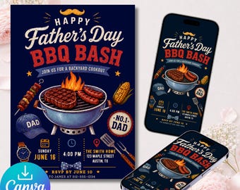 Paquete de invitaciones para barbacoa del Día del Padre, invitación editable de Canva de 5x7 y Evite para móviles, descarga instantánea.