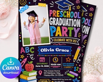 Plantilla de invitación de graduación preescolar 5x7, invitación de graduación con foto editable en Canva, descarga instantánea.