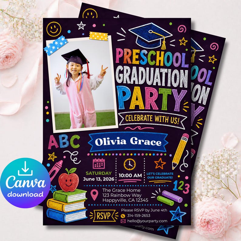 Preschool Graduation Invitation Template 5x7, Editable Canva Photo Grad ...