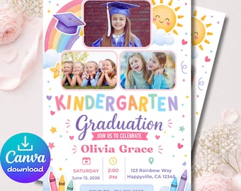 Plantilla de invitación de graduación de jardín de infantes 5x7, editable en Canva, invitación con 3 fotos en tonos pastel arcoíris, descarga instantánea.