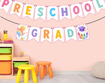 Banner de graduación para preescolar, jardín de infantes, imprimible y editable en Canva, decoración de fiesta de arcoíris para el aula, descarga instantánea.
