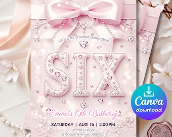 Plantilla de invitación de cumpleaños número 6 con lazo rosa dulce, 5x7, editable en Canva, Coquette Pearl Invite, descarga instantánea.