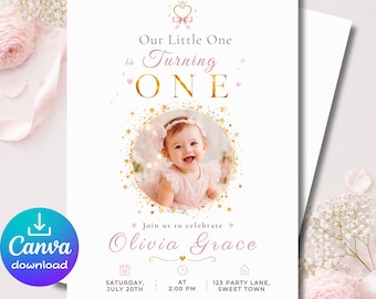 Elegante invitación de primer cumpleaños "Our Little One" (5x7 pulgadas), invitación editable en Canva, cumpleaños de niña en rosa y dorado, descarga instantánea.