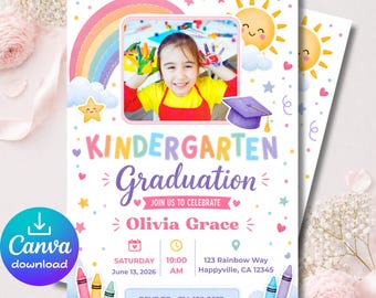 Invitación de graduación de jardín de infantes 5x7, invitación fotográfica editable de Canva, imprimible para fiesta de graduación escolar con arcoíris pastel
