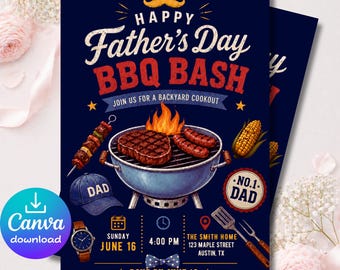 Plantilla de invitación para barbacoa del Día del Padre 5x7, invitación editable para barbacoa en el jardín con Canva, descarga instantánea.