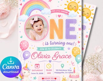 Invitación de primer cumpleaños de unicornio arcoíris 5x7, invitación editable en Canva, invitación con foto en tonos pastel, descarga instantánea.