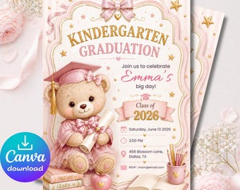 Invitación de graduación de jardín de infantes 5x7, invitación editable en Canva, fiesta de graduación de niña con osito de peluche rosa, descarga instantánea.