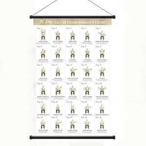 Peut inclure: Un tableau d'exercices de Tai Chi sur chaise de 30 jours imprimé sur une affiche blanche avec du texte noir et des illustrations d'une personne effectuant des mouvements sur une chaise. L'affiche est fixée par des barres noires et une corde.