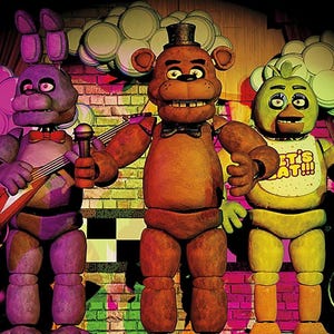 May include: A poster featuring the text CELEBRATE! at the top and Five Nights at Freddy's at the bottom. The image shows three animatronic characters: a purple rabbit holding a guitar, a brown bear in the centre, and a yellow chicken wearing a bib.