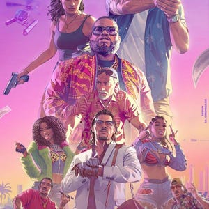 Op de afbeelding: Een digitale illustratie met meerdere personages in een levendige paarse en roze omgeving. De tekst Rockstar Games Presents en VI is zichtbaar. De personages dragen diverse kleding en sommigen houden handvuurwapens vast.