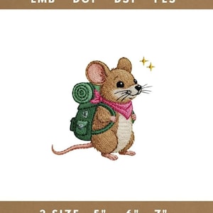 May include: An embroidered design of a brown mouse wearing a pink scarf and green backpack. The mouse has a long tail and is smiling. The text at the top says EMB, DGT, DST, PES. The text at the bottom says 3 SIZE 5", 6", 7".