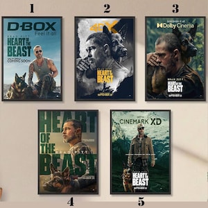 Pode incluir: Cinco cartazes de filme emoldurados para Heart of the Beast com Brad Pitt e um pastor alemão. O cartaz 1 mostra a marca D-BOX. O cartaz 2 apresenta a marca 4DX. O cartaz 3 exibe a marca Dolby Cinema. O cartaz 4 é verde. O cartaz 5 mostra Cinemark XD.