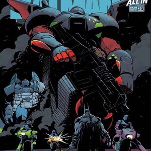 Puede incluir: Portada de cómic para Absolute Batman #20. La obra de arte presenta una figura grande y blindada que sostiene un arma, con Batman en primer plano. También hay otras figuras en motocicletas y robots. La portada tiene un esquema de color oscuro con acentos rojos y verdes.