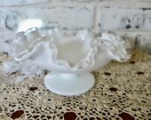 Milk Glass Compote Silver Crest Fenton Vintage Ruffled Edge