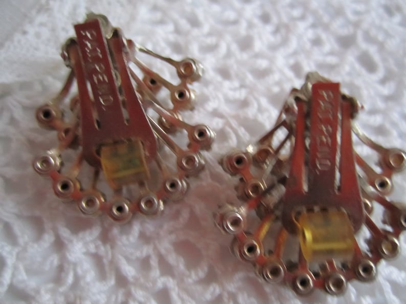 50s Rhinestone Clip Earrings Crawler Pearl Rhinestone AB Atomic Aurorea Borealis Vintage Jewelry 50s Gold tone Fan Shaped clip on earrings