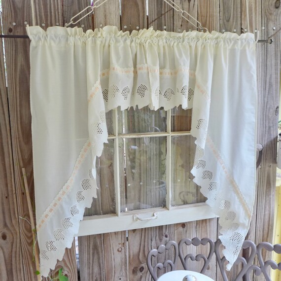 Eyelet Strawberry Cream Curtains Farmhouse Kitchen Etsy