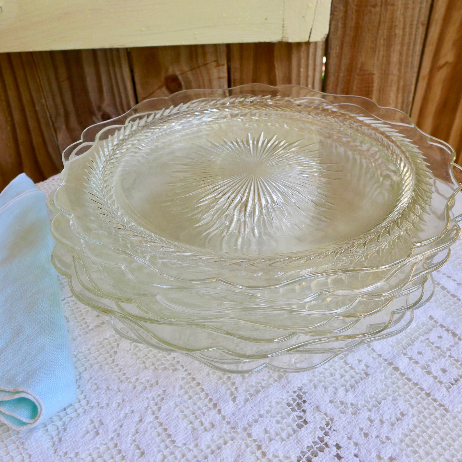 Clear Glass Dinner Plates Sunburst Herringbone Etsy