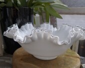 Fenton Milk Glass Bowl White glass Ruffled Edge Serving Bowl 10 inch Silvercrest Large Serving Bowl Vintage Wedding Table Simple White