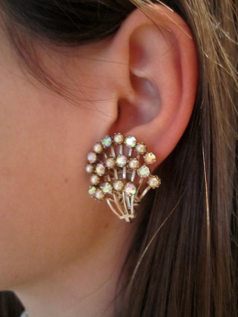 50s Rhinestone Clip Earrings Crawler Pearl Rhinestone AB Atomic Aurorea Borealis Vintage Jewelry 50s Gold tone Fan Shaped clip on earrings