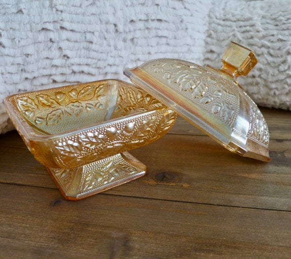 Vintage Candy Dish Peach Carnival Glass Acorn Etsy