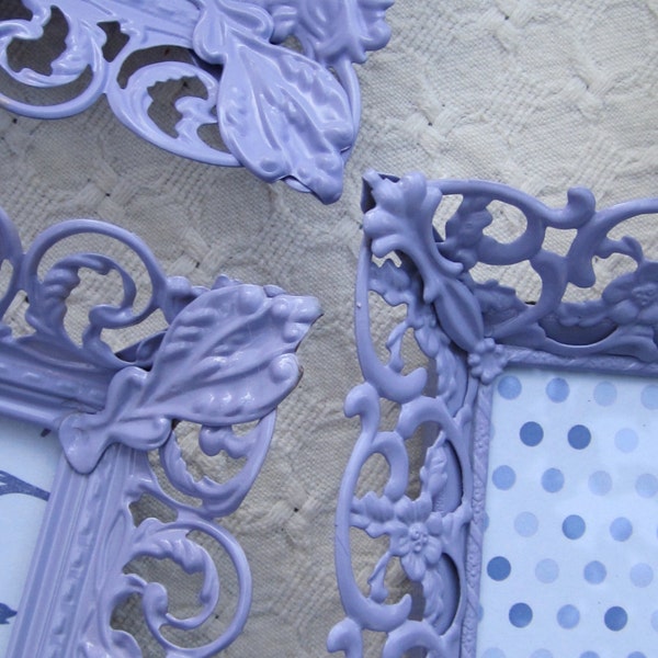 Filigree Picture Frames Lilac Collection of 3 Metal Frames  with glass Upcycled in Lilac Lot of 3 Coordinting Frames Painted Photo Frame Set