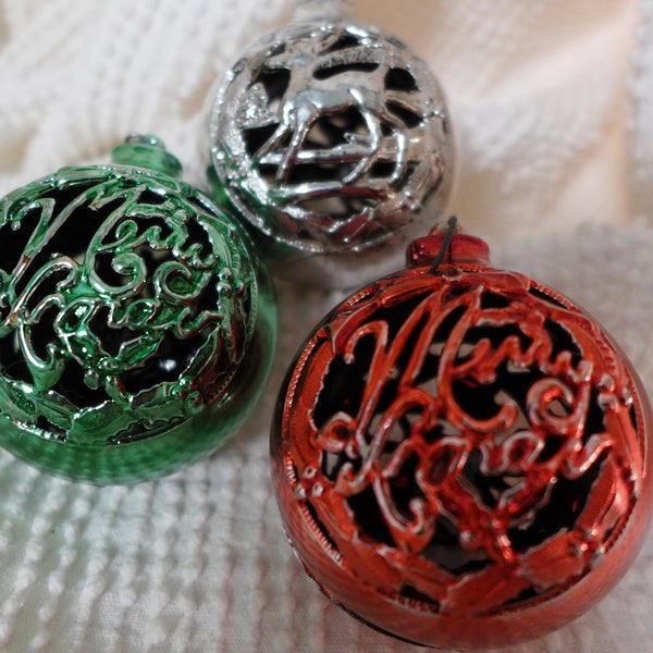 Vintage 50s Christmas Ornaments Shatterproof cutout style Metallicized Plastic Red Green Silver set of 3