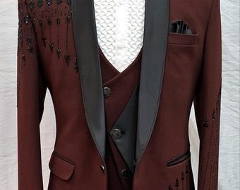 Burgundy tuxedo with black lapel - men maroon jacket suit - prom wear for him