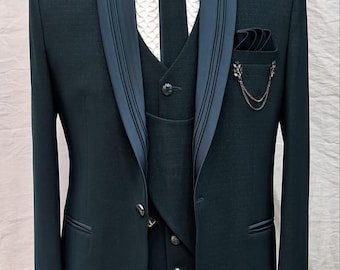 Men green suit - shawl lapel jacket - forest green party wear tuxedo - stylish wear for fiance - boy custom slim fit dress