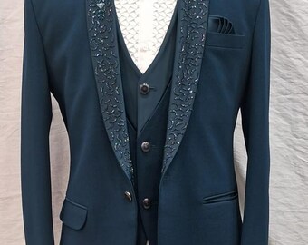 Terno azul turquesa masculino - blazer bordado - smoking para noivo - roupa para festa de formatura