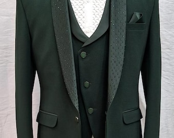Dark green suit for men - embroidered blazer suit - prom party wear tuxedo - cocktail outfit