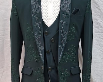 Terno verde-escuro bordado para homem - smoking para baile de formatura - traje para coquetel