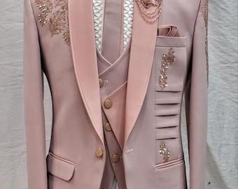 Peach suit for men - embroidery blazer tuxedo - rhinestone jacket for groom - boy prom party suit - tailor made suit
