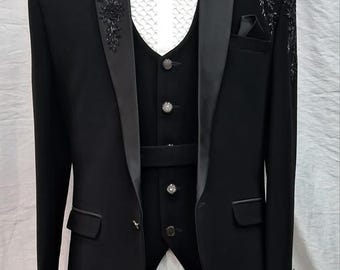 Black suit for men - embroidered jacket - prom party wear - wedding groom tuxedo