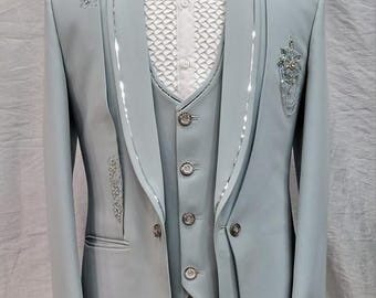 Dusty Blue Embroidered Men's Suit – 5-Piece Wedding Tuxedo Set