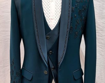 Teal blue suit for men - embroidered blazer - wedding groom tuxedo - prom party wear