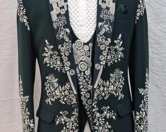 Dark green embroidered suit for men - prom party wear tuxedo - cocktail outfit