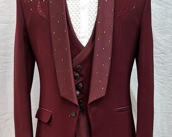 Red tuxedo - men dark red suit - embroidered jacket vest suit - prom wear for him