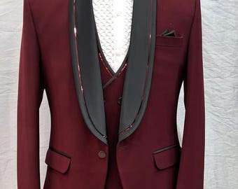 Red tuxedo for men - dark red suit - black satin shawl lapel jacket - prom wear for him