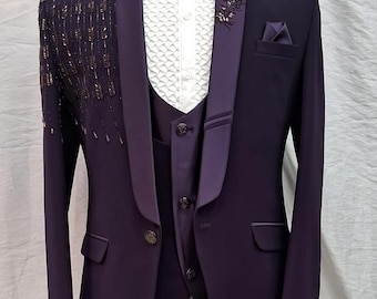 Purple suit for men - embellished prom tuxedo - groom and bestman wear