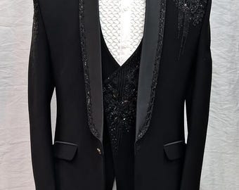 Black suit for men - embroidery jacket - shiny prom party wear for boy - wedding groom glittery tuxedo - slim fit suit set - stylish suit