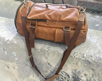 Duffle cum backpack - genuine leather luggage - brown travelling bag
