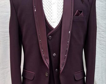 Dark purple suit for men - embellished prom tuxedo - wine colour groom and bestman wear