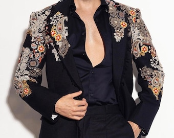 Black shiny suit - men glittery tuxedo - wedding groom wear - prom party dress