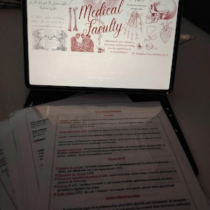 Puede incluir: Una tableta muestra diagramas médicos y el texto "Medical Faculty". Debajo, hay varias páginas de notas impresas con terminología médica. La imagen tiene una iluminación cálida y ligeramente tenue.
