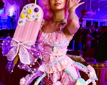Pastel Candy Dessert Couture Costume, Whimsical Statement Festival Outfit