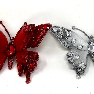 Red or White Crystal Butterfly Christmas Ornament, Glitter Tree Decoration